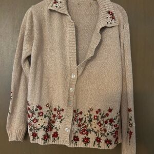 Vintage Beige Floral Embroidered Button-Front Cardigan